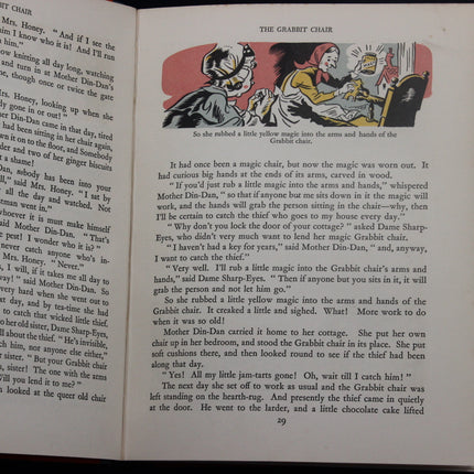 Open book with a colored illustration of a girl and a boy on a chair, surrounded by text.