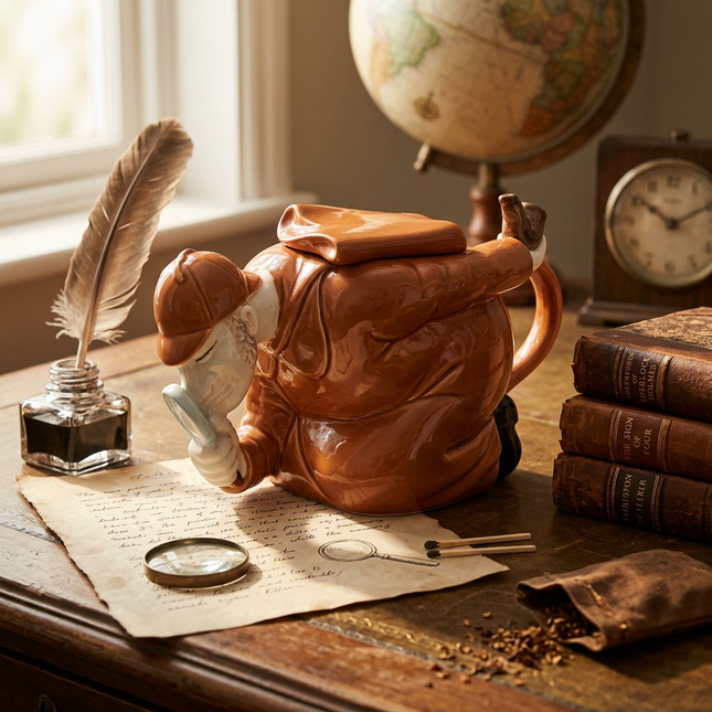 A ceramic teapot shaped like a crouching detective in brown and orange tones, styled on a wooden desk with a feather quill, ink bottle, magnifying glass, old books, and a globe in the background.