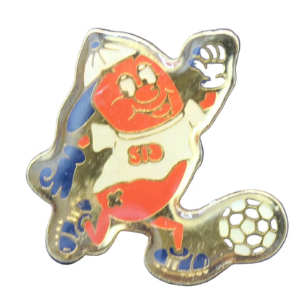 Pin with cartoon character on a blue background