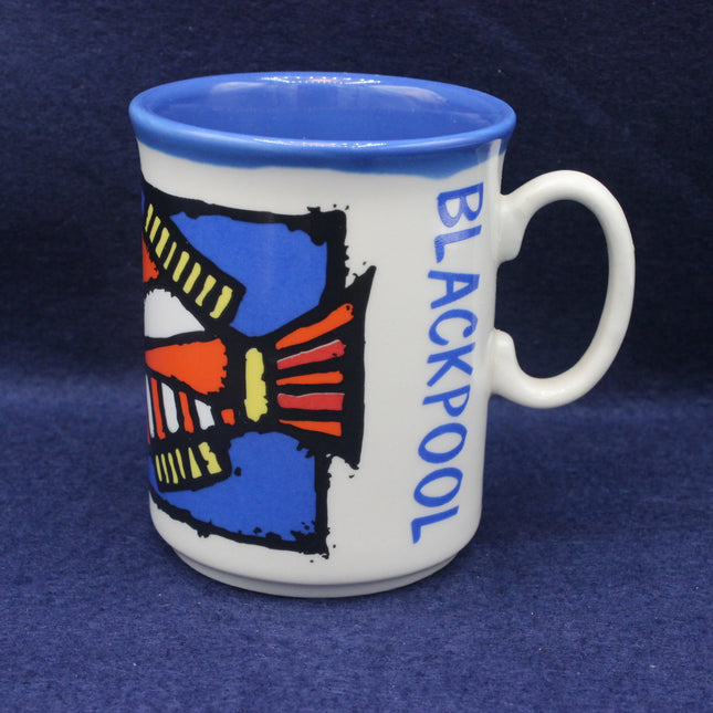 Mug with a colorful design and 'Blackpool' text on a blue background