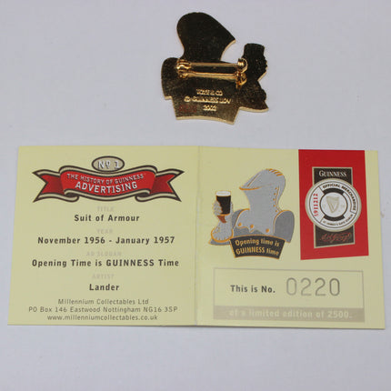 Pin and card with Guinness branding on a white background