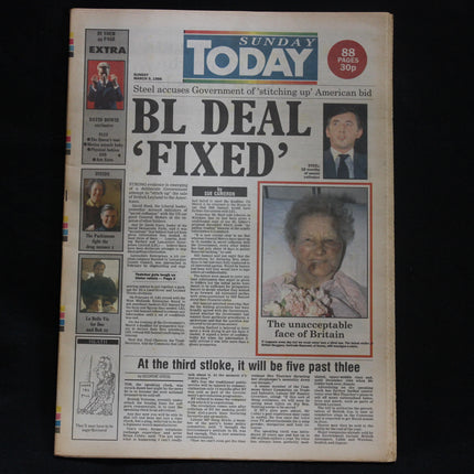 Vintage newspaper titled 'Sunday Today' with a headline about a 'BL Deal Fixed'.