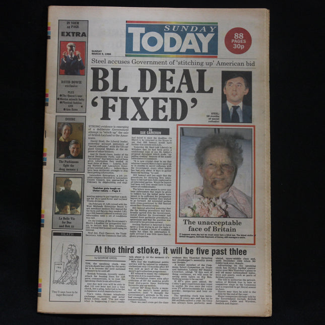 Vintage newspaper titled 'Sunday Today' with a headline about a 'BL Deal Fixed'.