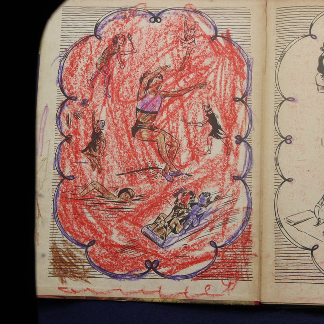 Illustrated page from a book with red and black ink drawings on a dark background