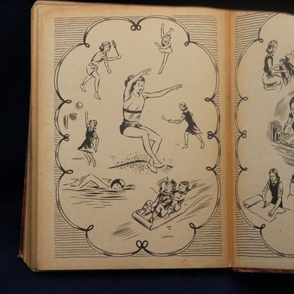 Open book with illustrations of people in various activities on a dark background