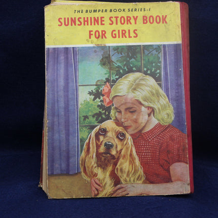 Vintage book titled 'Sunshine Story Book for Girls' with a cover illustration of a girl and dog on a blue background.
