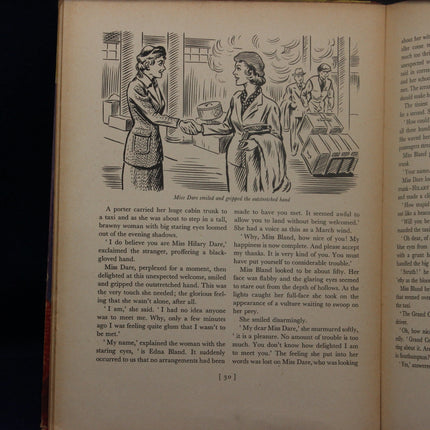 Illustrated page from a book with two women shaking hands in a room.