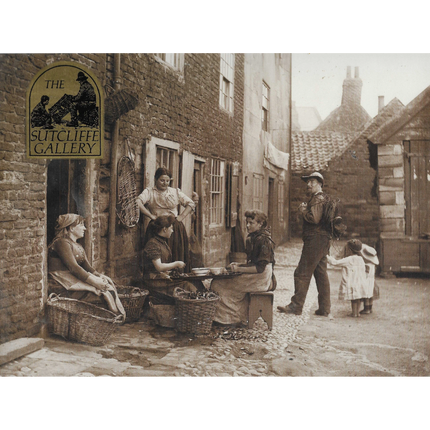 Vintage street scene with people and a sign for 'The Sutcliffe Gallery' in an urban setting.