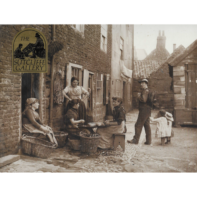 Vintage street scene with people and a sign for 'The Sutcliffe Gallery' in an urban setting.