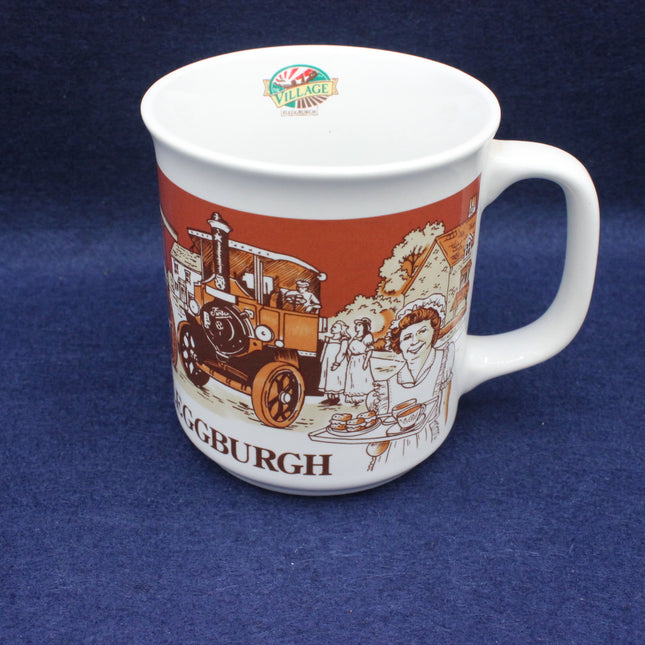 White mug with a colorful design of a vintage fire engine and people on a blue background