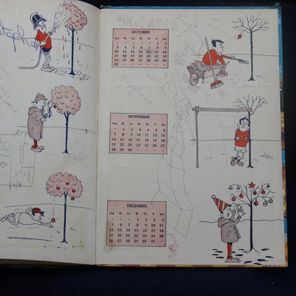 Illustrated calendar page with seasonal activities and trees for October, November, and December.
