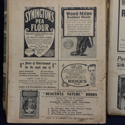 Vintage book page with advertisements for Syminckton's Pea Flour, Wood-Milne Rubber Heels, and Ridge's Food.