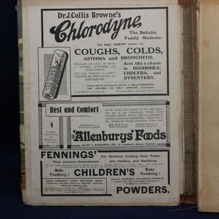 Vintage advertisement for Chlorodyne and Allenburg's Foods on a book page.