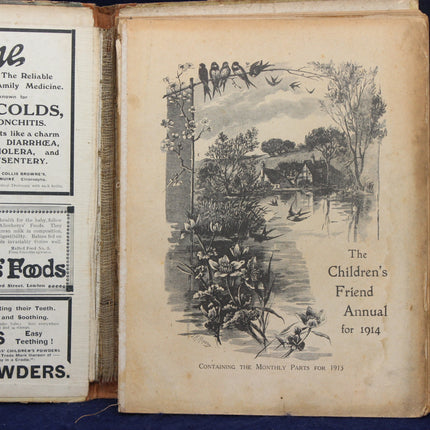Open book with a vintage illustration on the page, featuring text and an advertisement.
