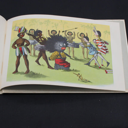 Illustration from a book showing a Golly character with a large black wig and colorful outfit among other figures on a green background.
