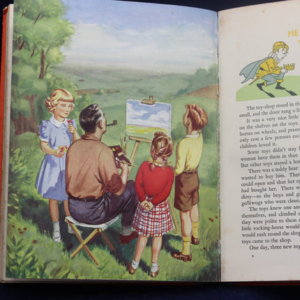 Open book with illustrations of children and a man painting outdoors
