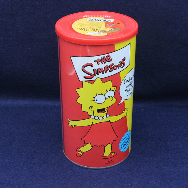 Red cylindrical container with 'The Simpsons' branding featuring a character on a dark blue background