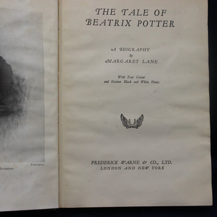 Title page of 'The Tale of Beatrix Potter' by Margaret Lane with a logo on a textured paper background.