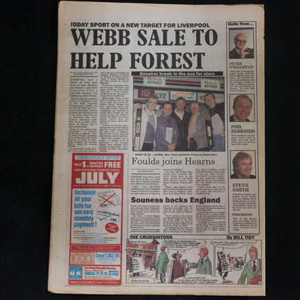 Newspaper front page with sports headlines and images on a black background