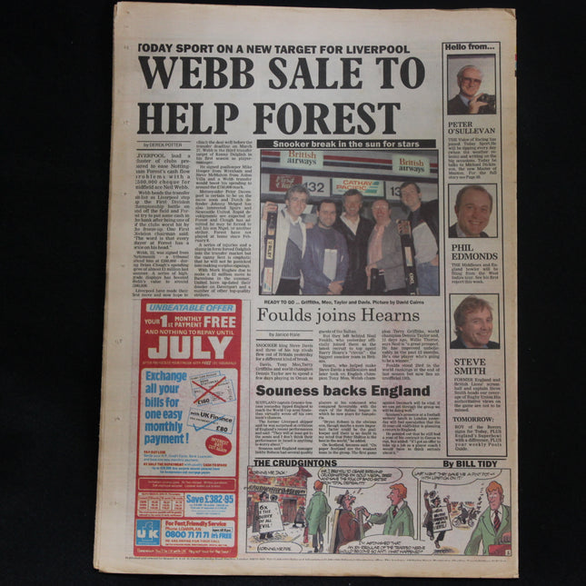 Newspaper front page with sports headlines and images on a black background