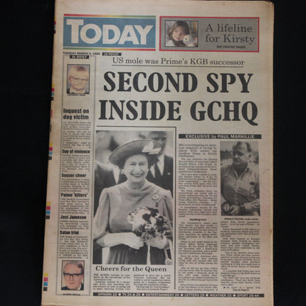 Newspaper with a front page featuring a black and white photo of a woman holding flowers, with text about a second spy inside GCHQ.