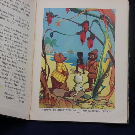 Illustration from a book with characters and a fish, accompanied by text on the left.