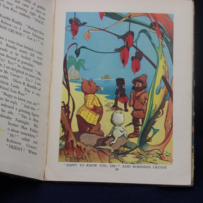 Illustration from a book with characters and a fish, accompanied by text on the left.