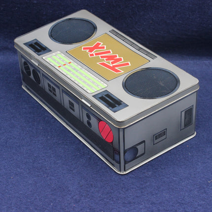 Vintage-style electronic device with a prominent brand logo on a blue background