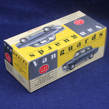 Vintage Vanguards model car box with toy car illustration on a blue background