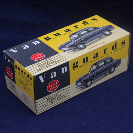 Vanguards model car box with vintage cars on a dark blue background