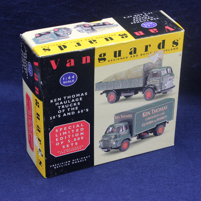 Boxed model of a Ken Thomas haulage truck from the 1950s and 1960s on a blue background