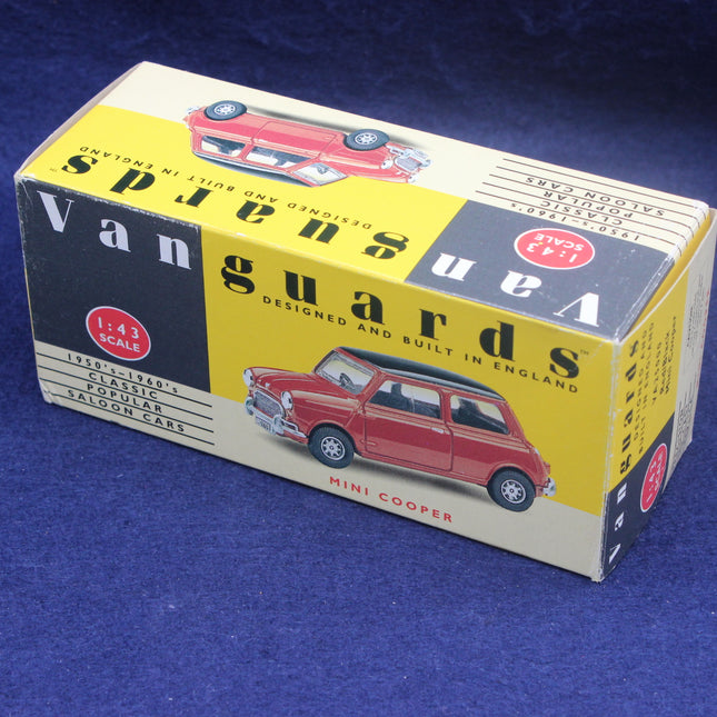 Vanguards model car box with red Mini Cooper on a blue background