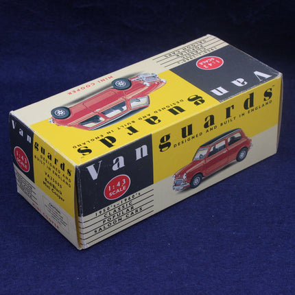 Box of Vanguards model cars on a dark blue background