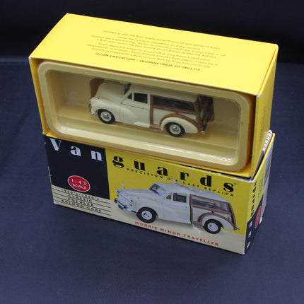 Model Morris Traveller car in a yellow box with 'Vanguards' branding on a dark background