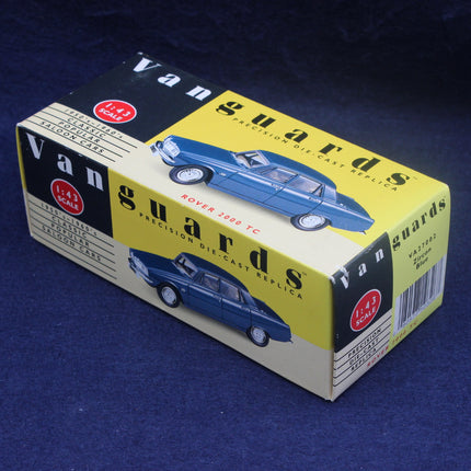 Vanguards model car box with blue car illustration on a dark background