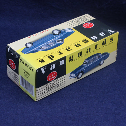 Boxed toy car model with Vanguards branding on a blue background