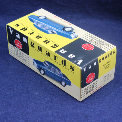 Vanguards model car box with blue car illustration on a blue background