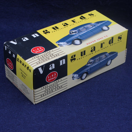 Vanguards model car box with blue car illustration on a dark blue background