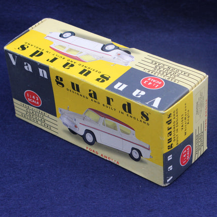 Vanguard model car box with a Ford Anglia on a blue background