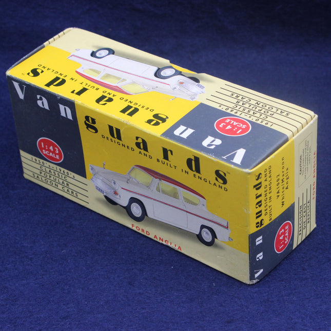 Vanguard model car box with a Ford Anglia on a blue background