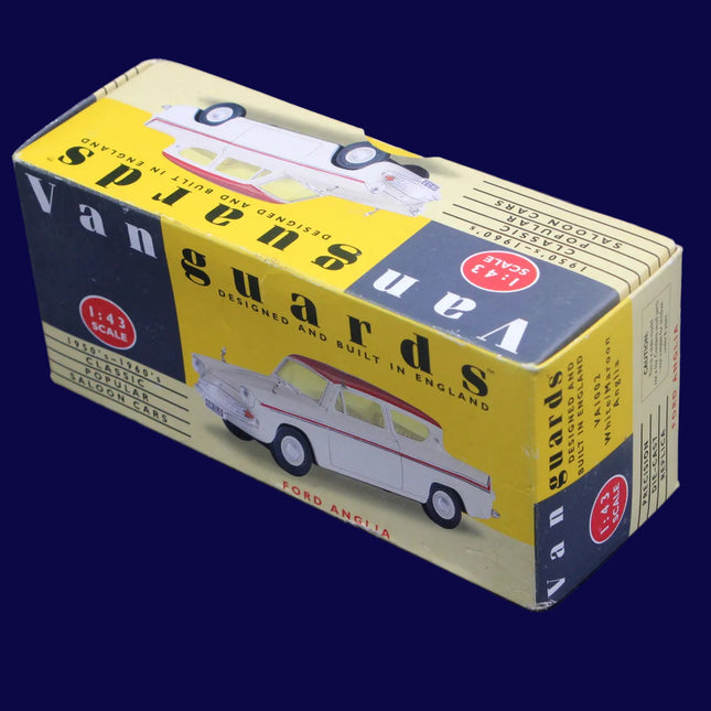 Vanguard model car box with a Ford Anglia on a blue background