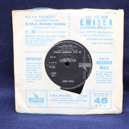 Vintage record cleaning material package with text and a record inside on a blue background