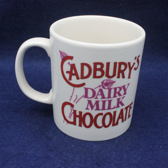 White mug with Cadbury's Dairy Milk Chocolate text on a blue background