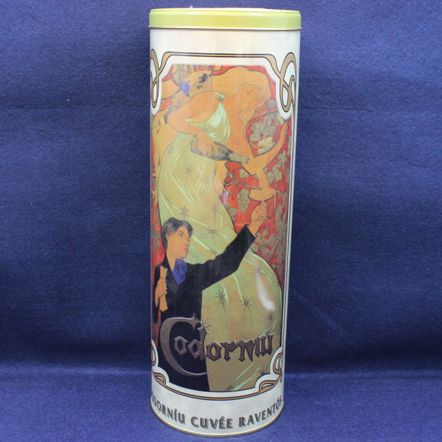 Cylindrical product with artistic design on a blue background