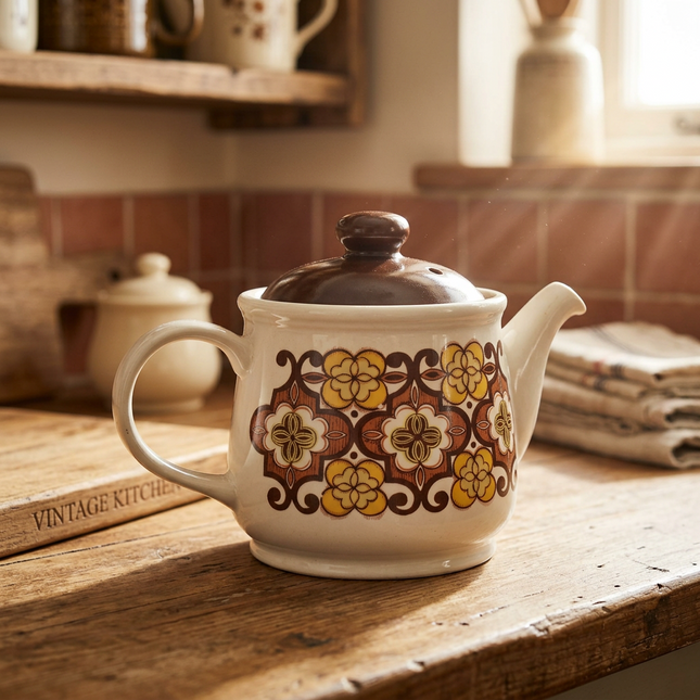 A vintage-style ceramic teapot with a cream body and a yellow, brown, and orange floral pattern, sitting on a rustic wooden table in a warm, softly lit kitchen setting.