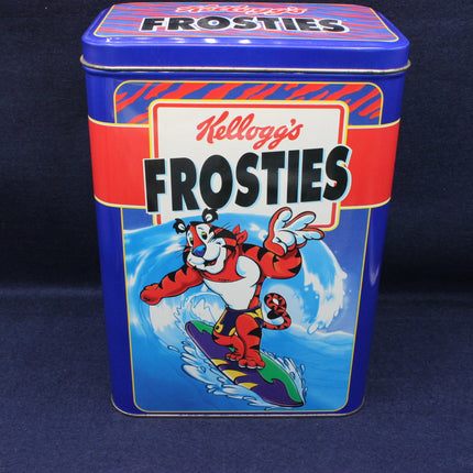 Kellogg's Frosties cereal tin with a cartoon tiger character on a blue background