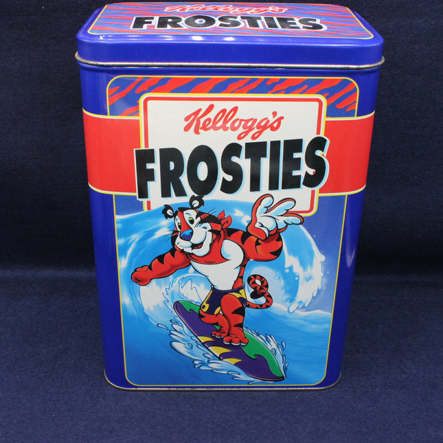 Kellogg's Frosties cereal tin with a cartoon tiger character on a blue background