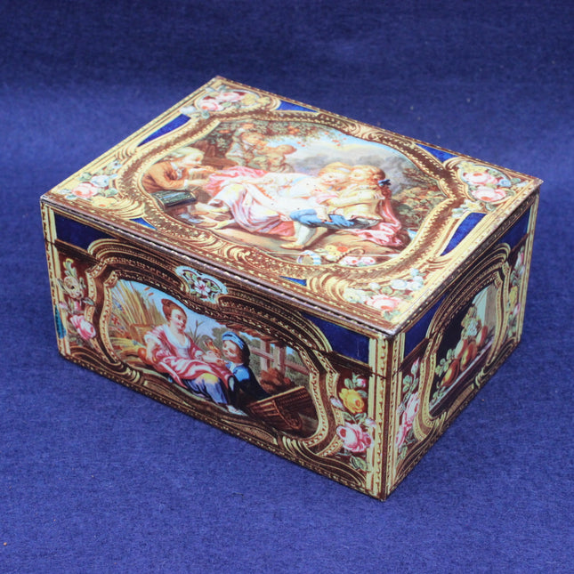 Vintage casket‑style tin stamped Kemps Chocolate Biscuits & Barker & Dobsons,