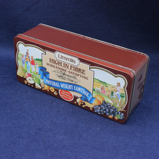 Rectangular tin box with colorful label on a blue background