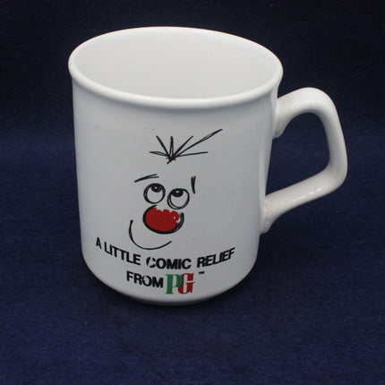 White mug with a cartoon face and text on a dark blue background